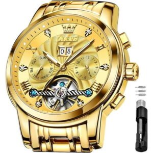 OLEVS Watch for Men Automatic Skeleton Tourbillon Mechanical Self Winding Business Luxury Dual Calendar Stainless Steel Luminous Waterproof Man Wrist Watches Gold Dial