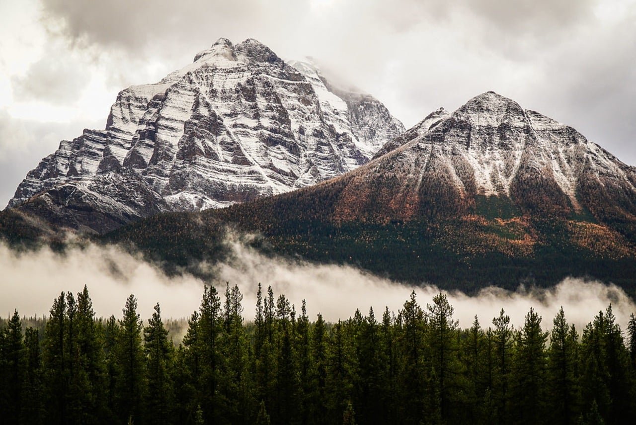 mountains, canadian rockies, forest, fog, nature, outdoors, alberta, canadian national park, canada, landscape, banff, cloudy, spruces, white snow, sunset, autumn, rock, peaceful, natural beauty, view, woodland, cold weather