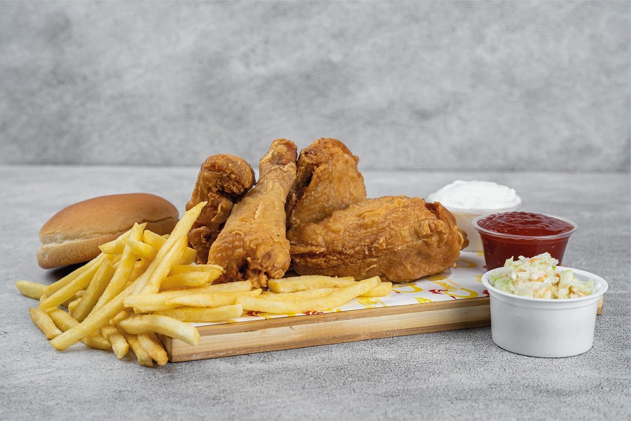 poulet rôti, frites, repas, poulet frit, fast food, griller, poulet, dîner, sauce, salade, frit