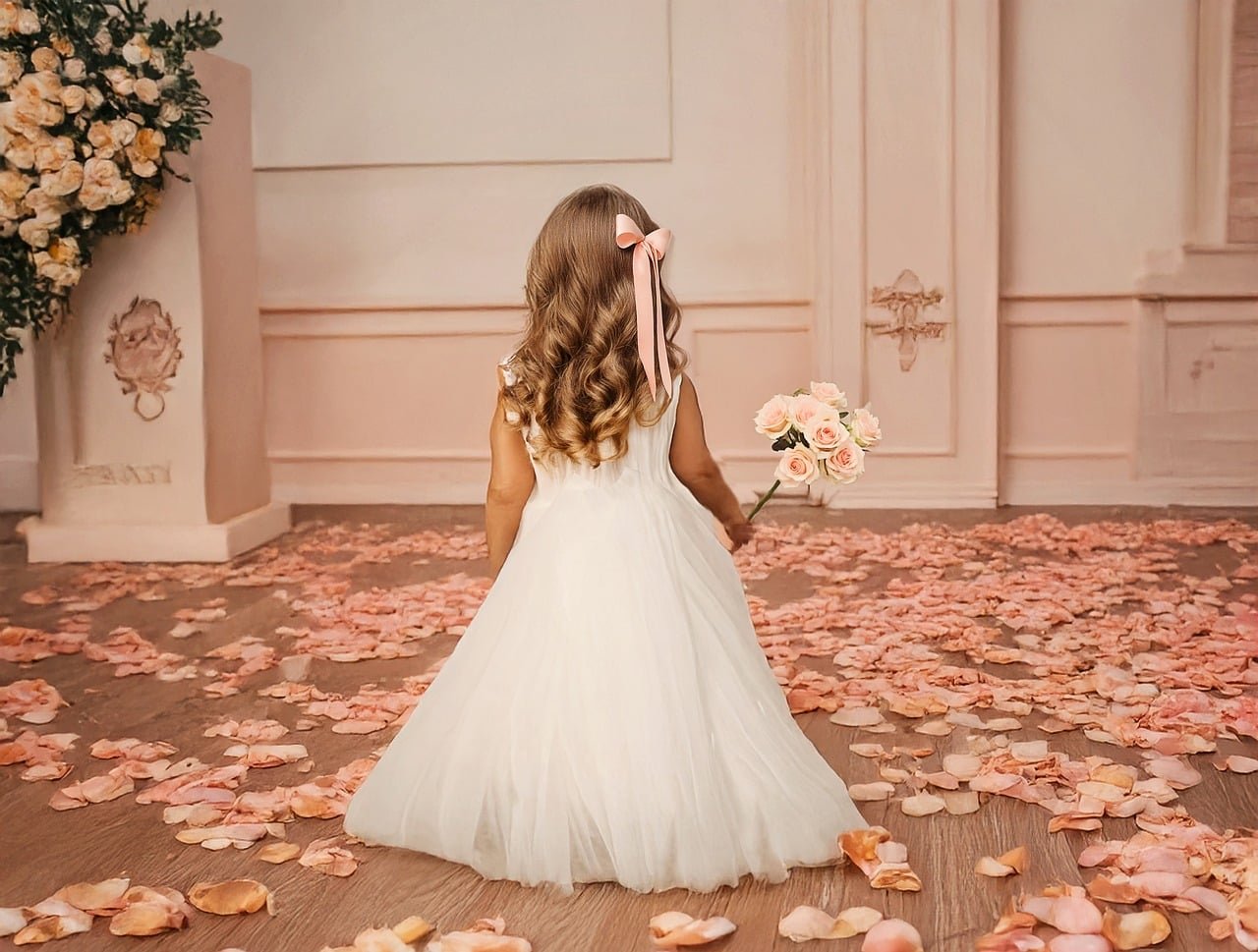 muchacha de flor, boda, niñita, niña pequeña en la boda, vestido, elegante, salon de bodas
